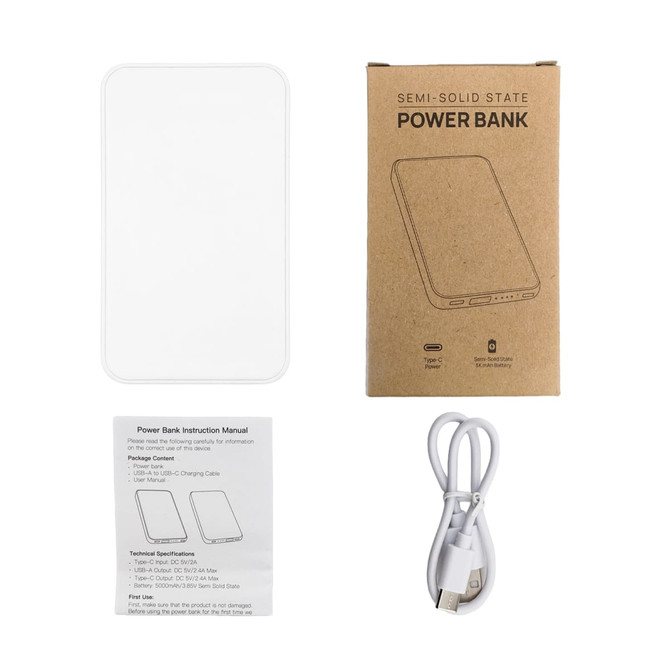 A white power bank with a sleek design, accompanied by a charging cable and an instruction manual.
