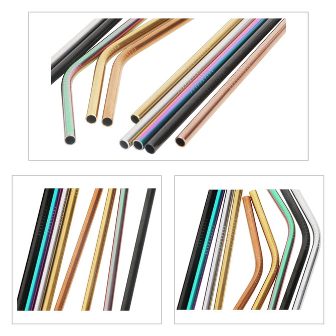 A collection of stainless steel straws in various colours, including gold, copper, black, and rainbow finishes.