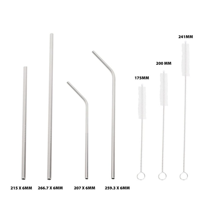 A collection of stainless steel drinking straws in various lengths and a cleaning brush, featuring a sleek silver finish.