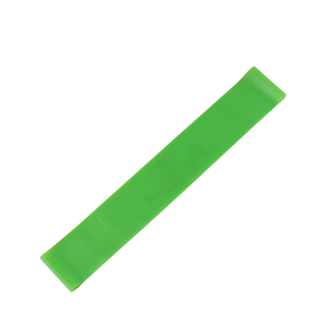 A green latex-free TPE fitness resistance band laid flat on a white background, featuring a logo.