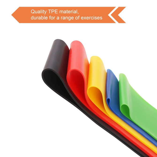A set of latex-free TPE fitness resistance bands in black, red, yellow, blue, and green. The bands have a smooth finish and are flexible.