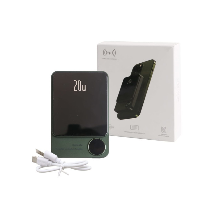 A green 10000mAh magnetic wireless power bank with a display, accompanied by charging cables and packaging.