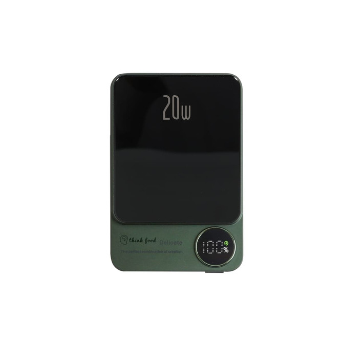 A green 10000mAh magnetic wireless power bank with a digital display showing charge percentage and power output.