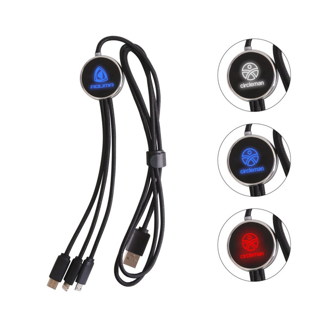 A 3-in-1 charging cable with a black braided design, featuring three connectors and a circular illuminated logo.