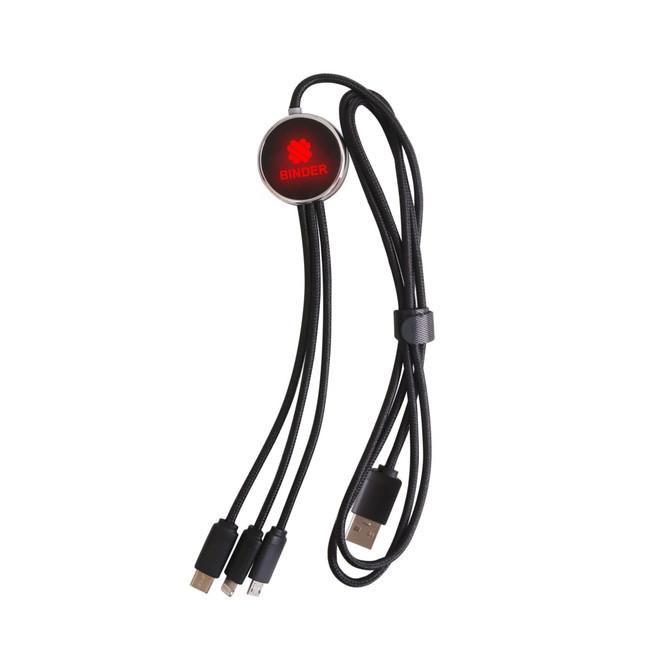 A 3-in-1 charging cable in black, featuring three connectors and a light-up logo.