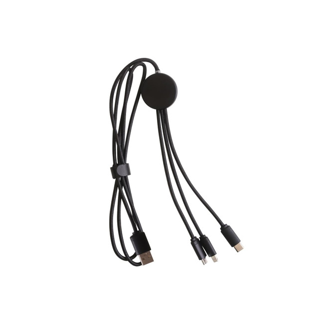 A 1.2m long black charging cable with three connectors and a central shaped connector for organisation.