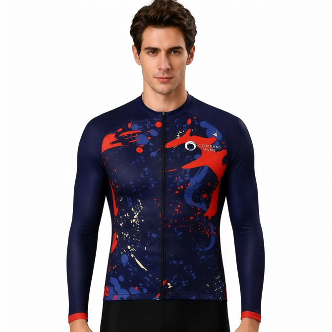 Men's long sleeve cycling jersey featuring a navy base with red and blue splashes and a logo.