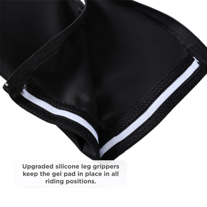 Men's cycling tights in black featuring upgraded silicone leg grippers for secure fit and comfort. Includes gel pad detail.