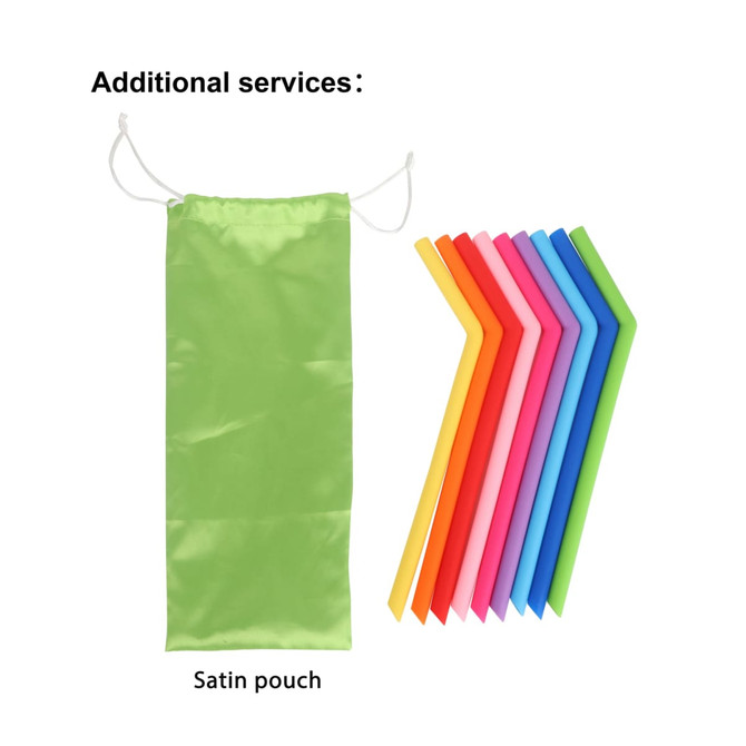 A satin pouch and a set of eight reusable silicone drinking straws in various colours including pink, blue, green, and orange.