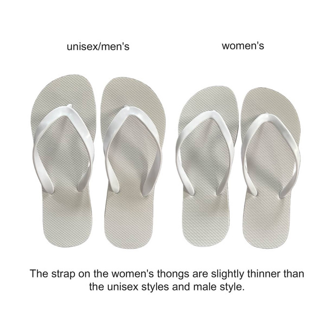 A pair of grey rubber thongs, featuring unisex and women's styles with thinner straps for the women's version.