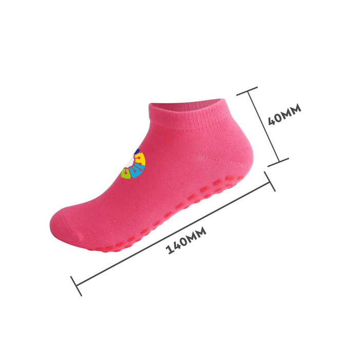 A pink low cut sock with rubber grips on the sole and a logo. Dimensions: 140mm length and 40mm height.