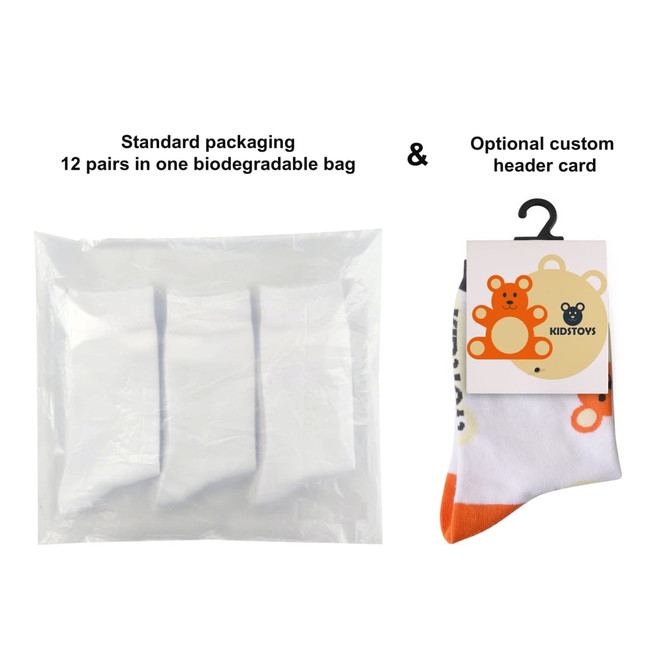 Custom pattern woven socks in packaging with 12 pairs. Includes a biodegradable bag and optional custom header card.