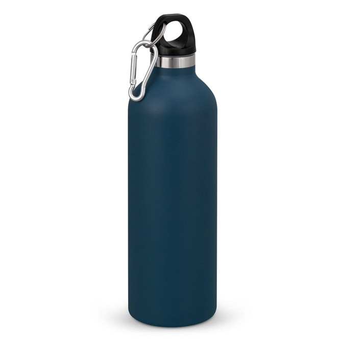 A drink bottle in deep blue with a silver collar and a black top, featuring a carabiner clip.