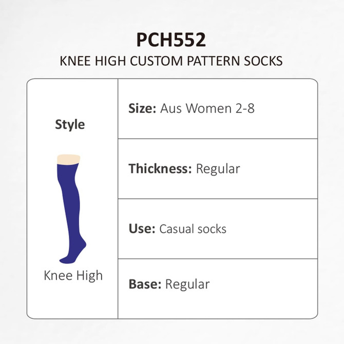 A pair of knee-high socks in navy blue with a custom pattern, featuring a logo.