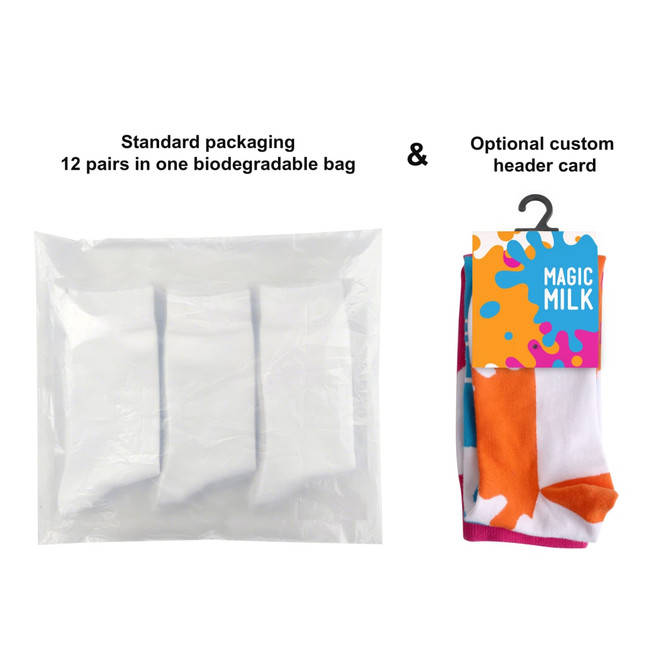 A set of knee-high custom pattern socks in vibrant orange, blue, and white colours, packaged in a biodegradable bag.