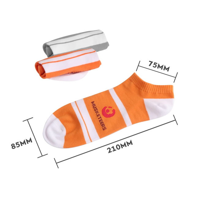 Low cut custom pattern socks in orange and white, featuring pink branding, with folded pairs in grey and white.