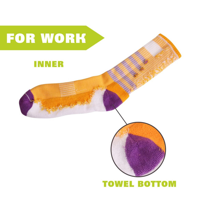 A pair of yellow and purple work socks featuring a towel bottom. Includes a close-up of the towel bottom texture.
