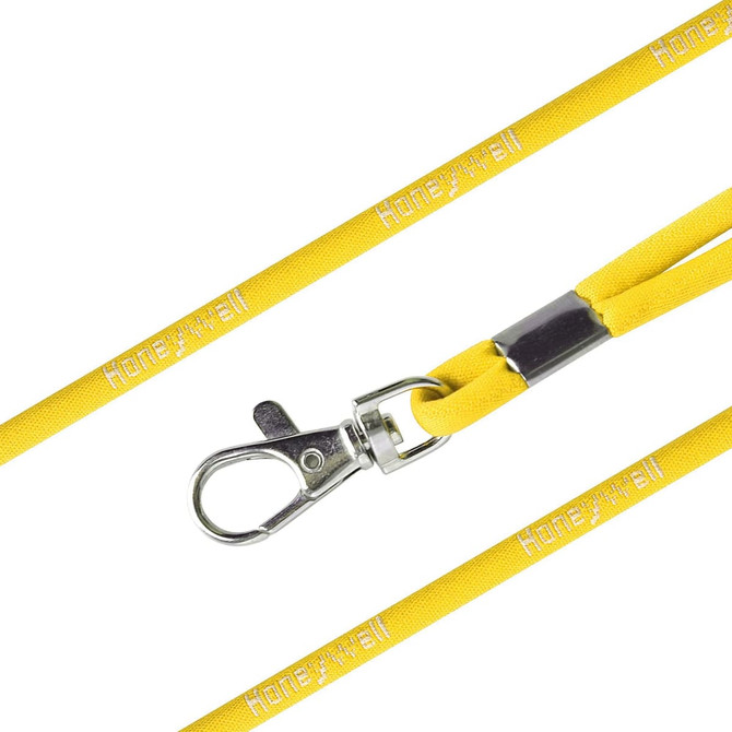 A yellow poly rope lanyard with a metal clip and branding, ideal for holding ID cards or badges.