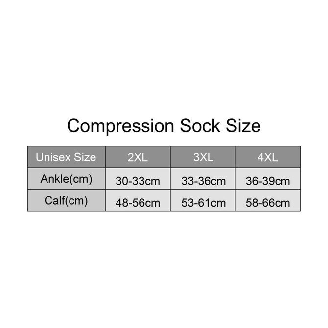 A size chart for plus size compression socks, detailing unisex sizes and measurements for ankle and calf.
