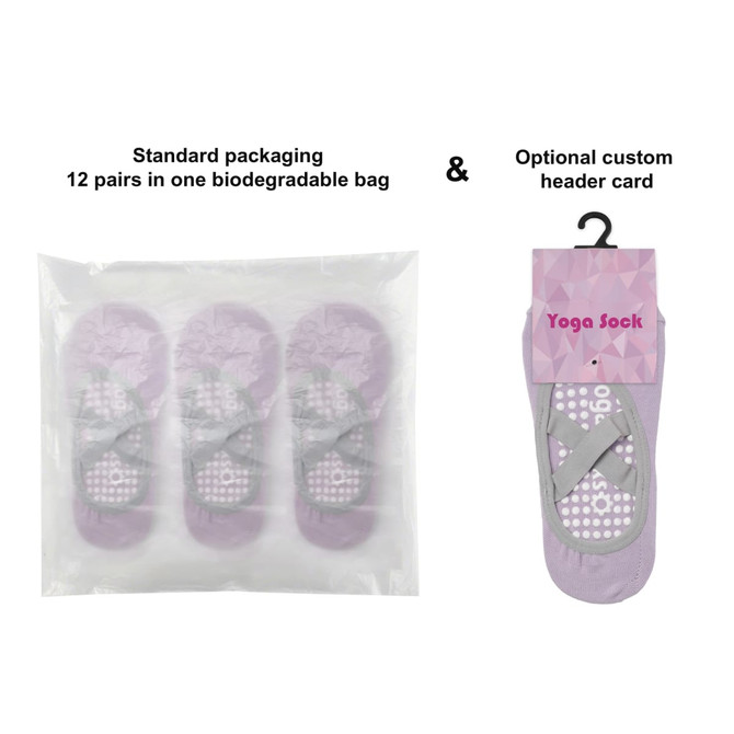 A biodegradable bag containing 12 pairs of grey and lavender Yoga Socks, with an optional custom header card displayed.