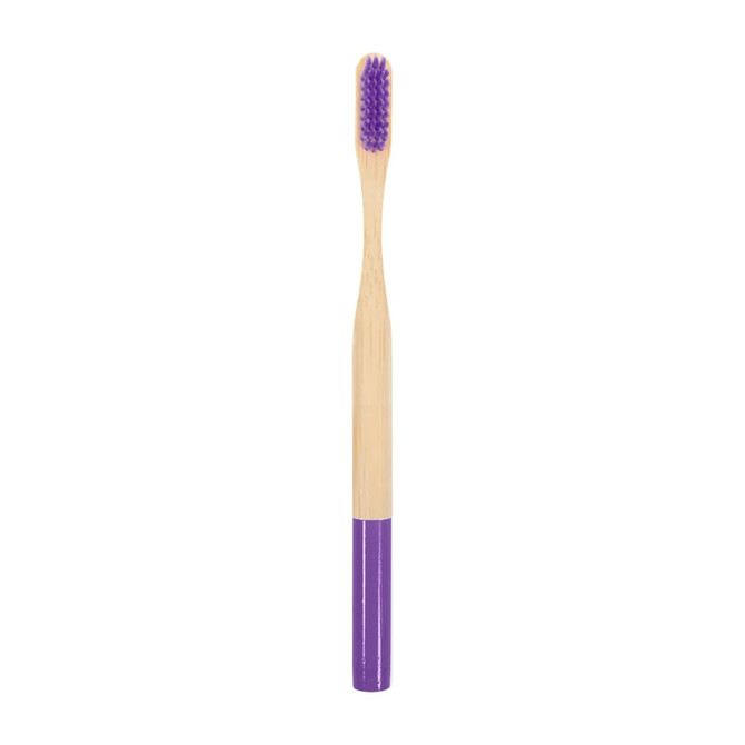 A large bamboo toothbrush with a round handle featuring a purple base and soft bristles. It includes a logo on the handle.