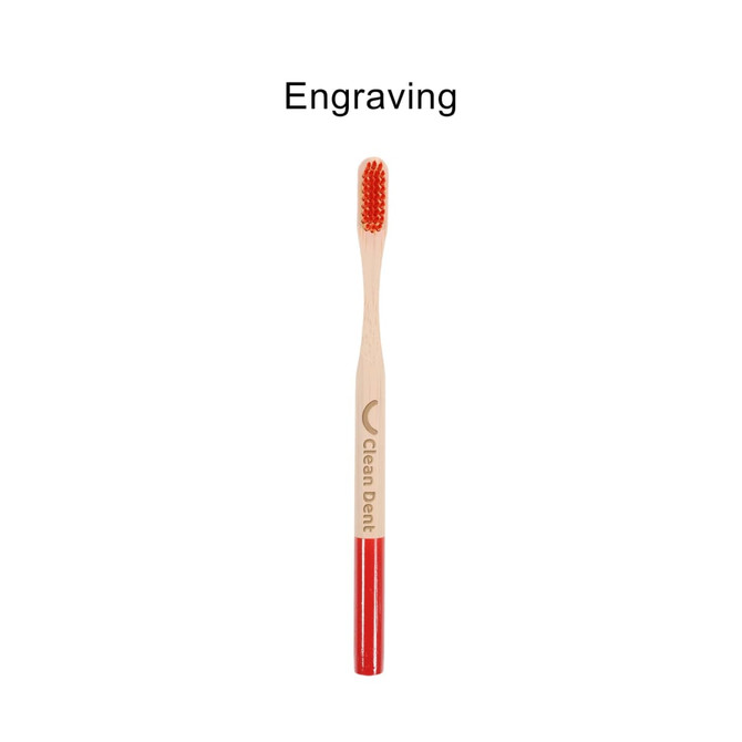 A bamboo toothbrush with a large round handle featuring red accents and a logo.