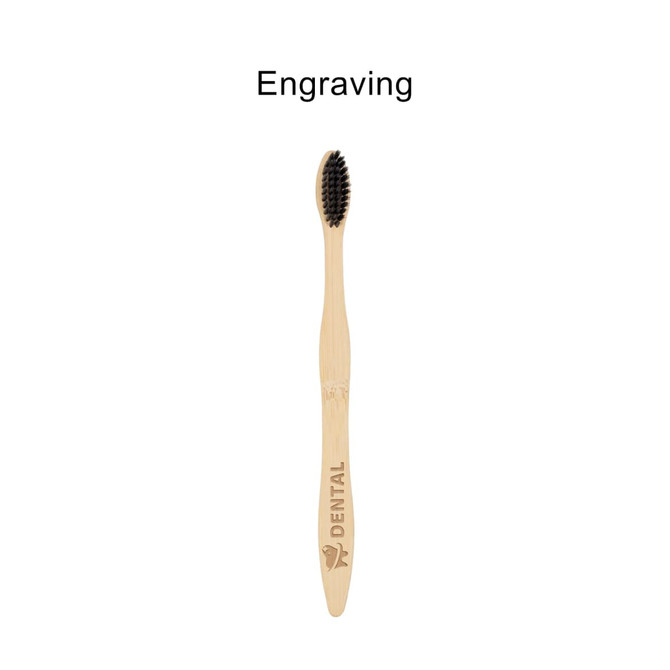 A large toothbrush with a wavy handle, featuring a wooden handle and black bristles. Includes a logo on the handle.