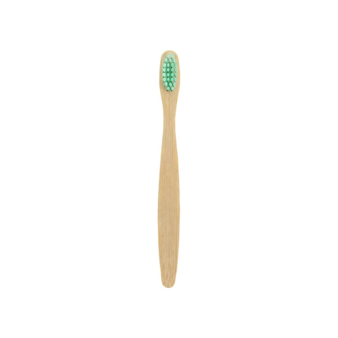 A small bamboo toothbrush with a natural wood handle and green bristles, featuring a logo.