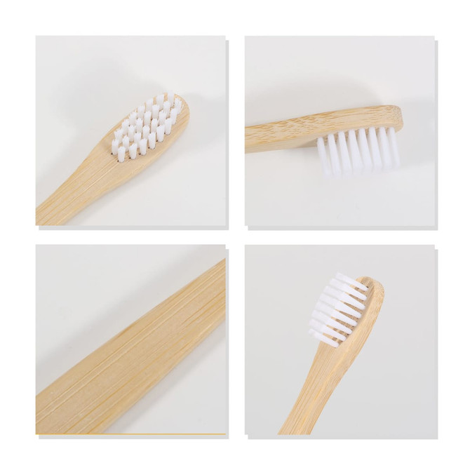 A small bamboo toothbrush with a light wooden handle and white bristles, displayed from multiple angles.