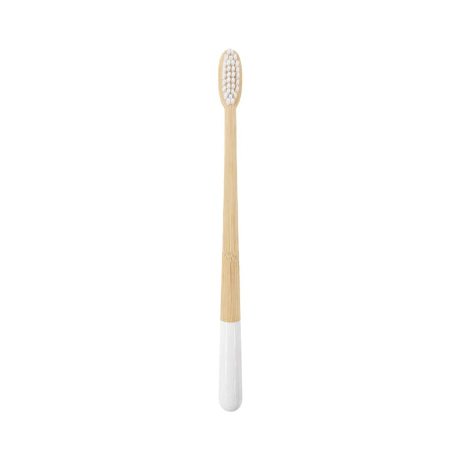A large, conical handle toothbrush with a white base and a natural bamboo handle. It features colourful bristles.