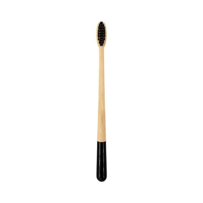 A large conical handle toothbrush with a bamboo body and a black-painted handle. Features soft bristles.