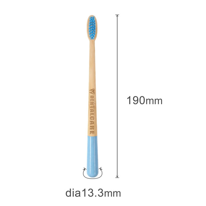 A large conical handle toothbrush featuring a blue head and a bamboo handle, with a logo on the handle.
