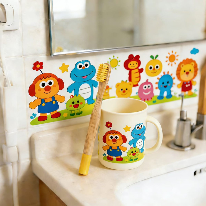 A bamboo toothbrush with a small round handle in a bathroom setting, alongside a colourful mug and cheerful wall stickers.