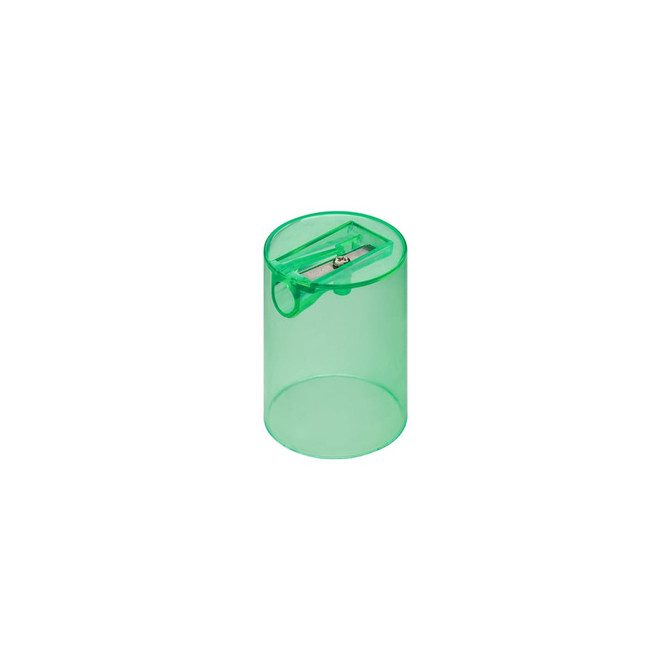 A green cylindrical sharpener with a transparent body and a metal blade inside. It features a logo on the surface.
