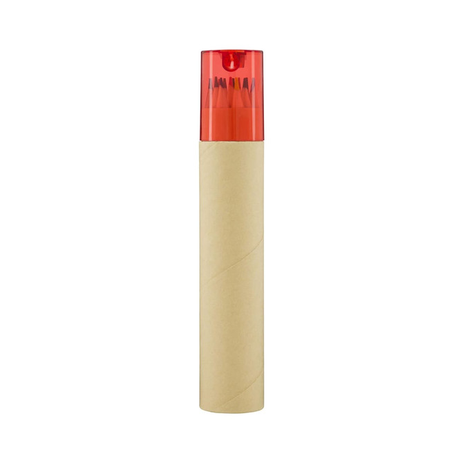 A tube of long pencils with a red cap, featuring a natural brown paper exterior.