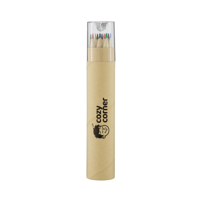 A tube containing multiple coloured pencils with a transparent lid and a logo on the side.