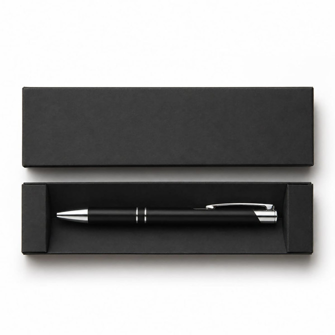 A black gel ink pen with silver accents, presented in a sleek black box.