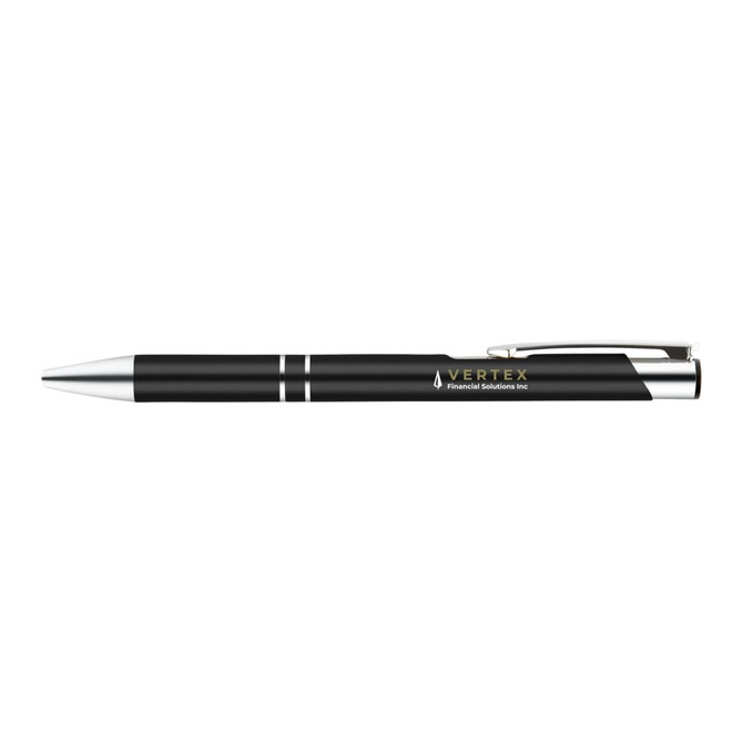 A black gel ink pen with silver accents and a clip, featuring a branding logo.