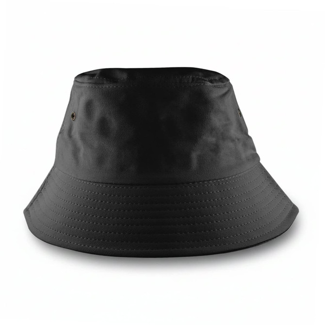 A black bucket hat with a wide brim, featuring a logo.