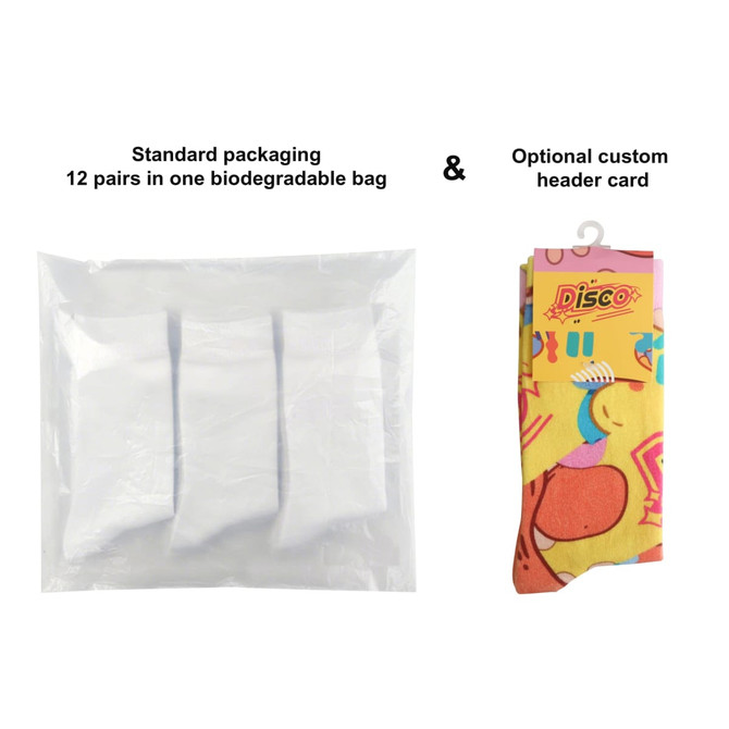 A pack of socks in a biodegradable bag, featuring bright colours and fun designs, with a custom header card option.