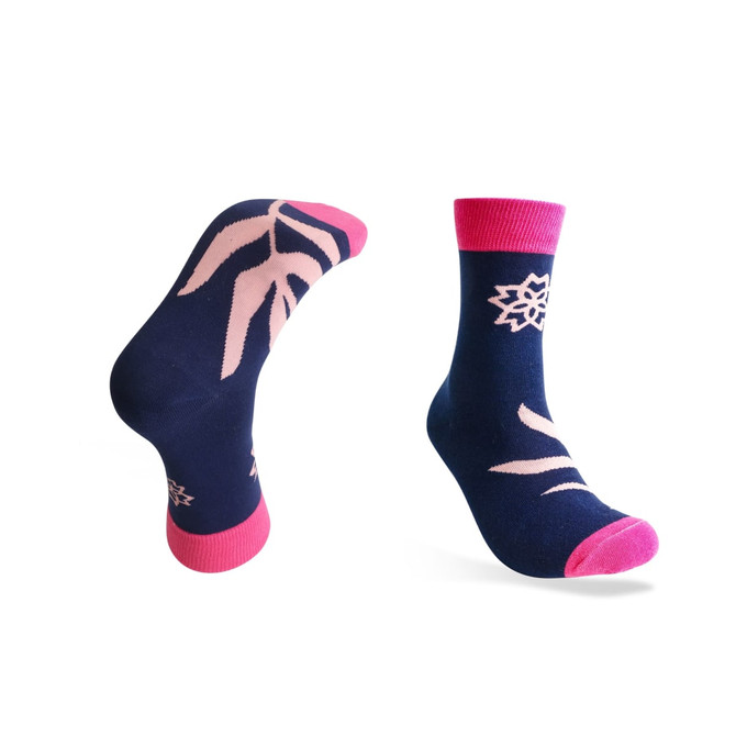 Custom pattern woven socks in navy blue with pink accents and floral designs. Includes a logo.
