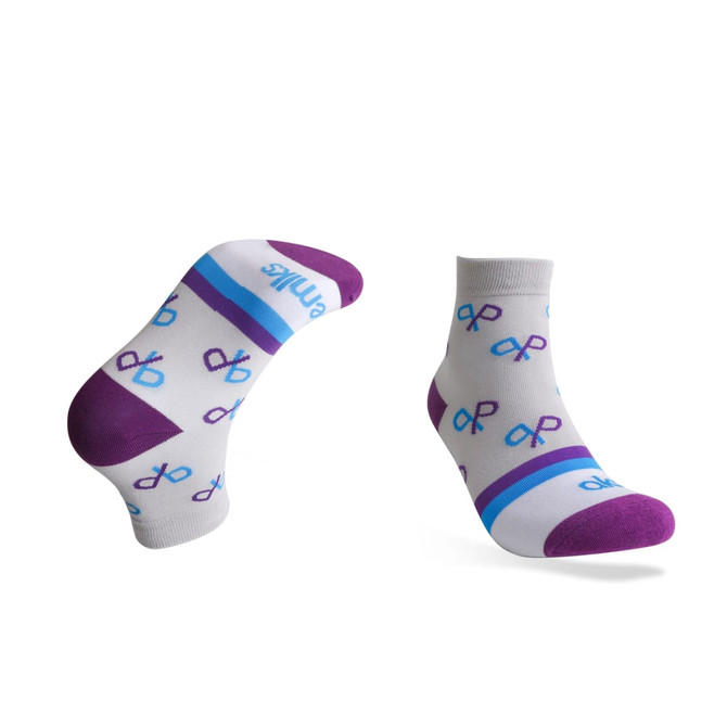 Ankle socks with a patterned design in white, purple, and blue, featuring a towel bottom for added comfort.