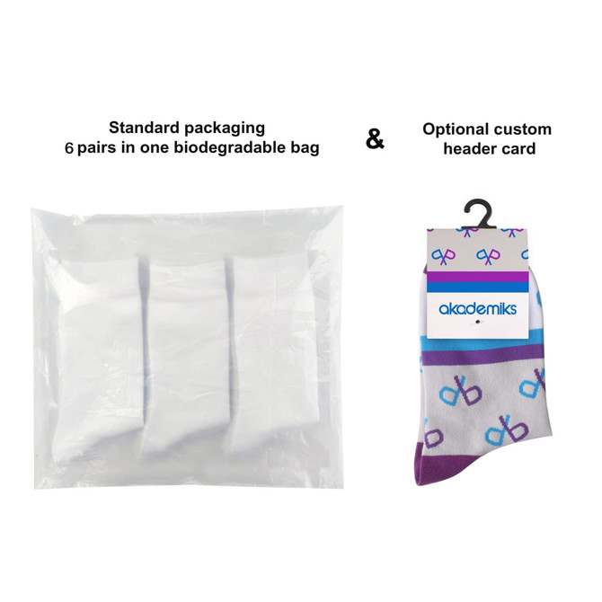 Ankle custom pattern socks with towel bottom, packaged in a biodegradable bag containing six pairs. Features a logo.
