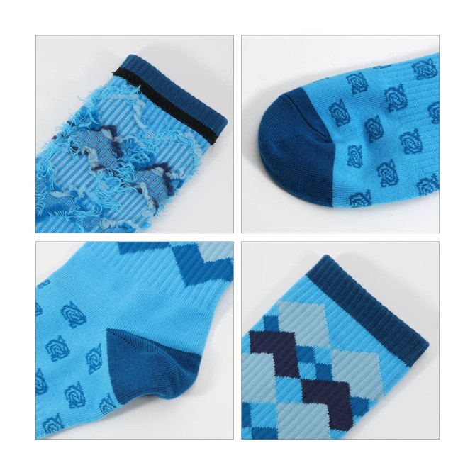 Crew woven work socks in various shades of blue, featuring different patterns and textures, with a branding logo.