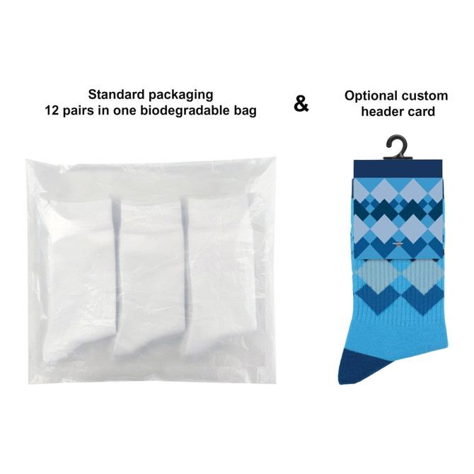 Three pairs of blue work socks packaged in a biodegradable bag, featuring a diamond pattern and a custom header card.