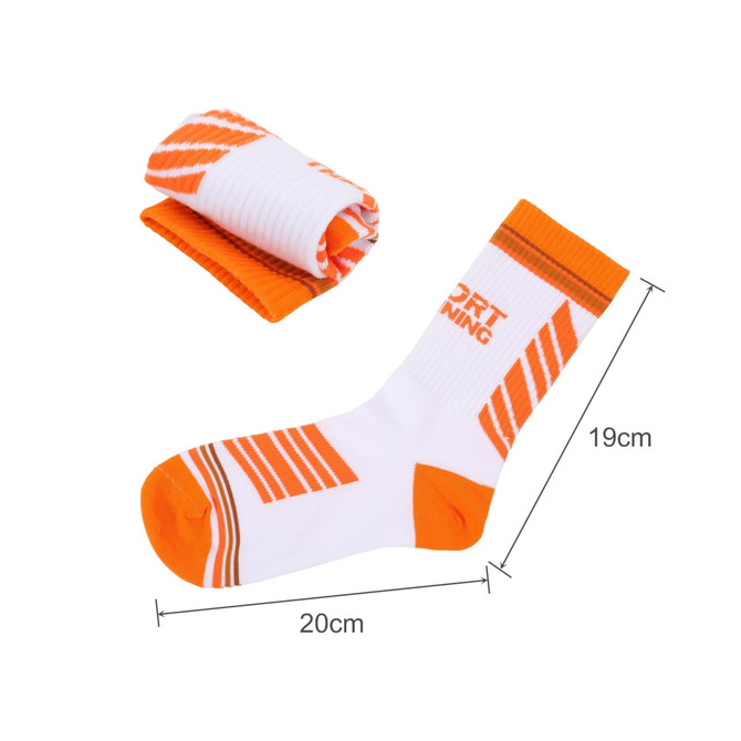 Crew woven sport socks in white and orange, featuring a striped design. One sock is laid flat, and another is rolled.