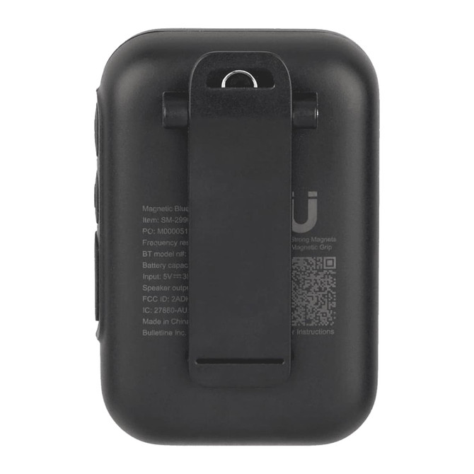 A compact black Bluetooth speaker featuring a magnetic clip on the back for attachment and a logo on the side.