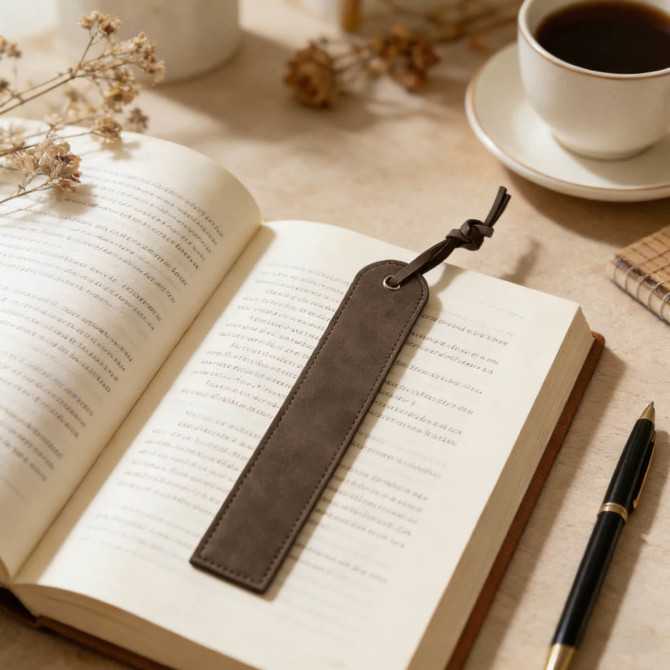 A vintage style high-quality bookmark in brown leather resting on an open book, accompanied by a cup of coffee.