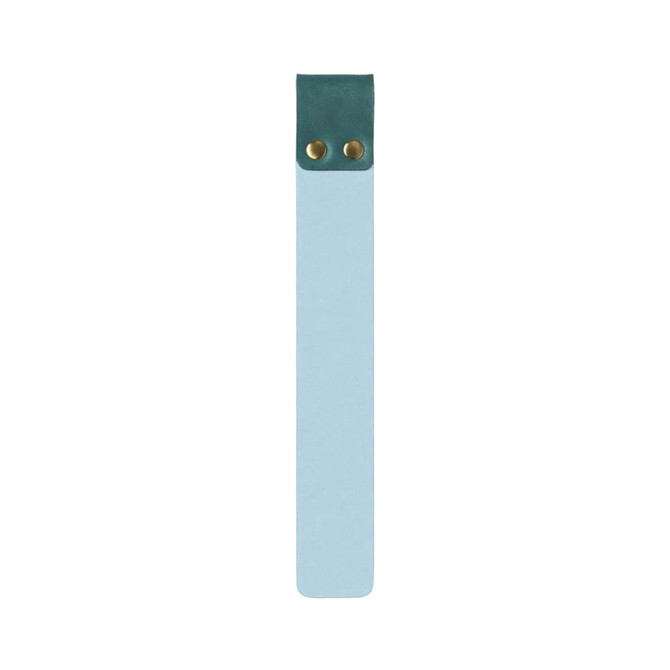 A custom PU bookmark in light blue with a dark green top and two gold metal buttons.