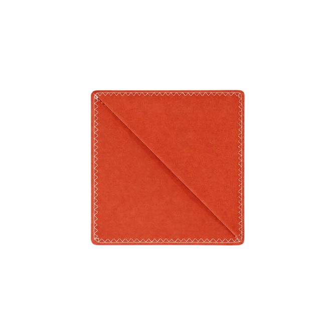 An orange PU bookmark with white stitching around the edges, featuring a folded corner design.